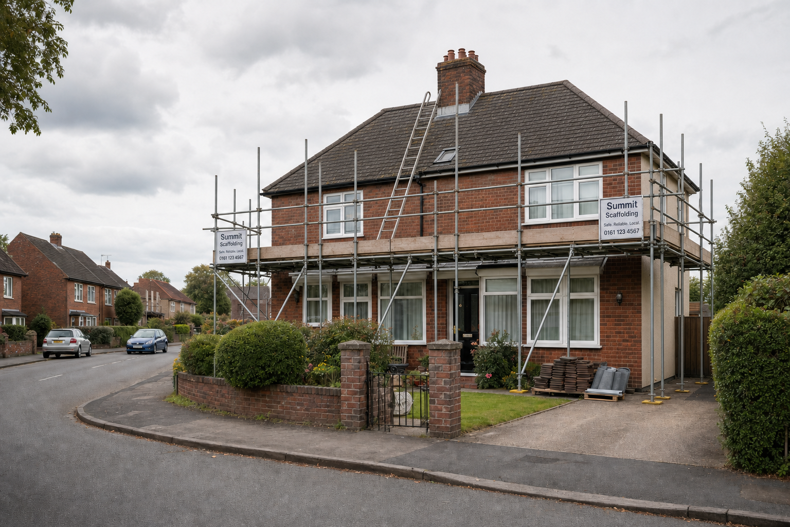 A brick house on a residential street surrounded by scaffolding with a sign for Summit Scaffolding and a clear sky above.