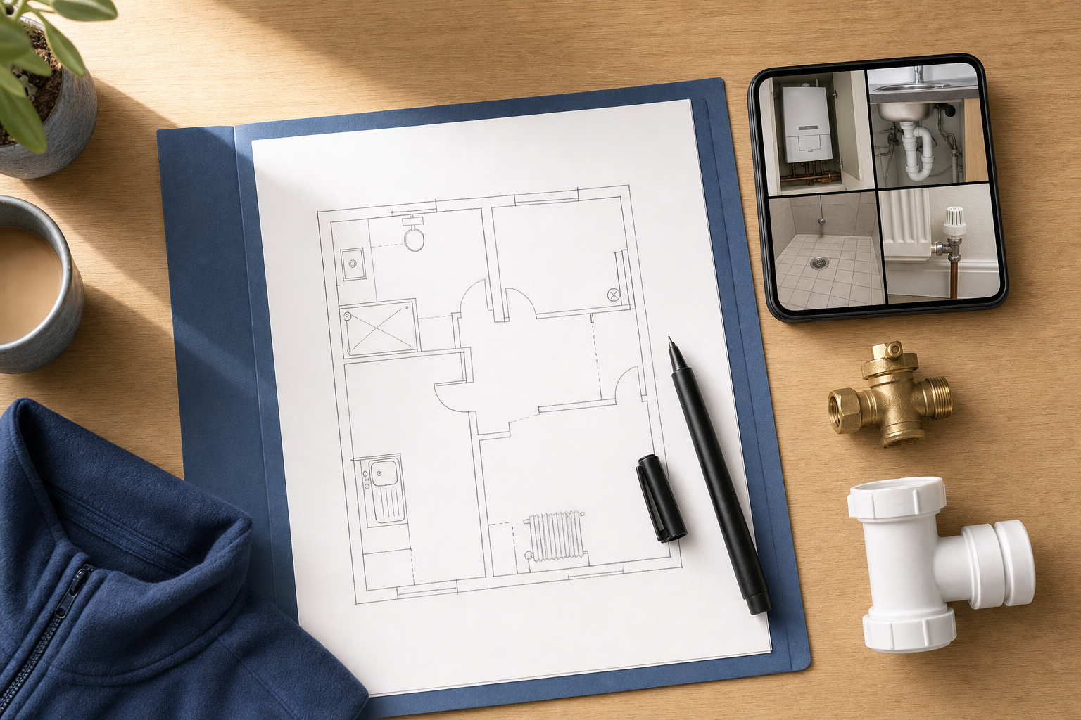 Floor plan on a desk with plumbing fixtures, a coffee cup, smartphone, and blue jacket.
