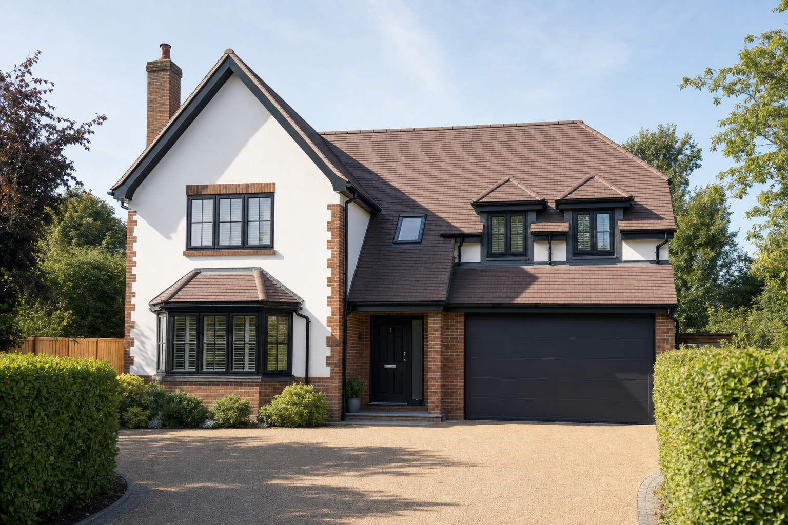 Two-storey suburban house with a gabled roof, large windows, and an attached garage, surrounded by hedges and trees.