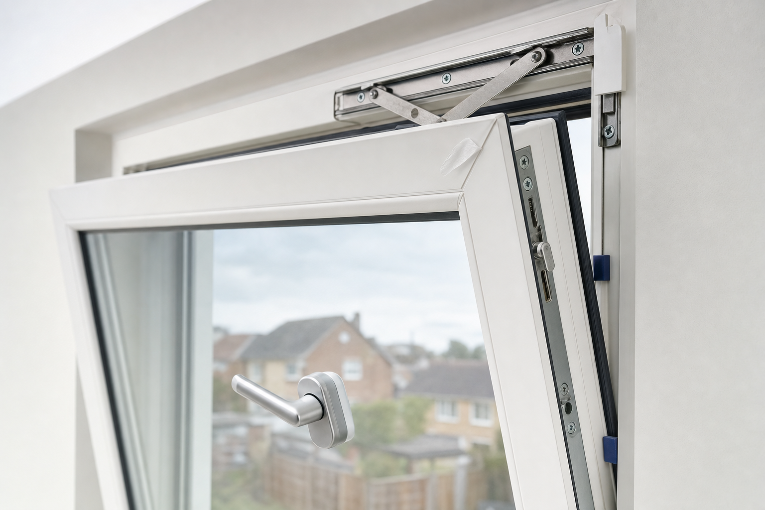 Open white tilt-and-turn window with modern handle, revealing a suburban neighbourhood view outside.