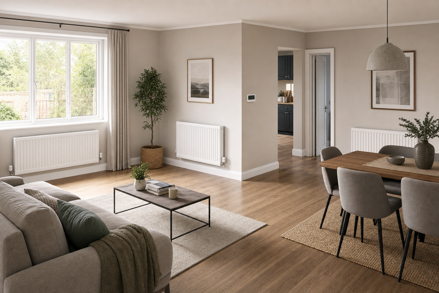 Modern living room with a grey sofa, wooden dining table, and a large window overlooking a garden.