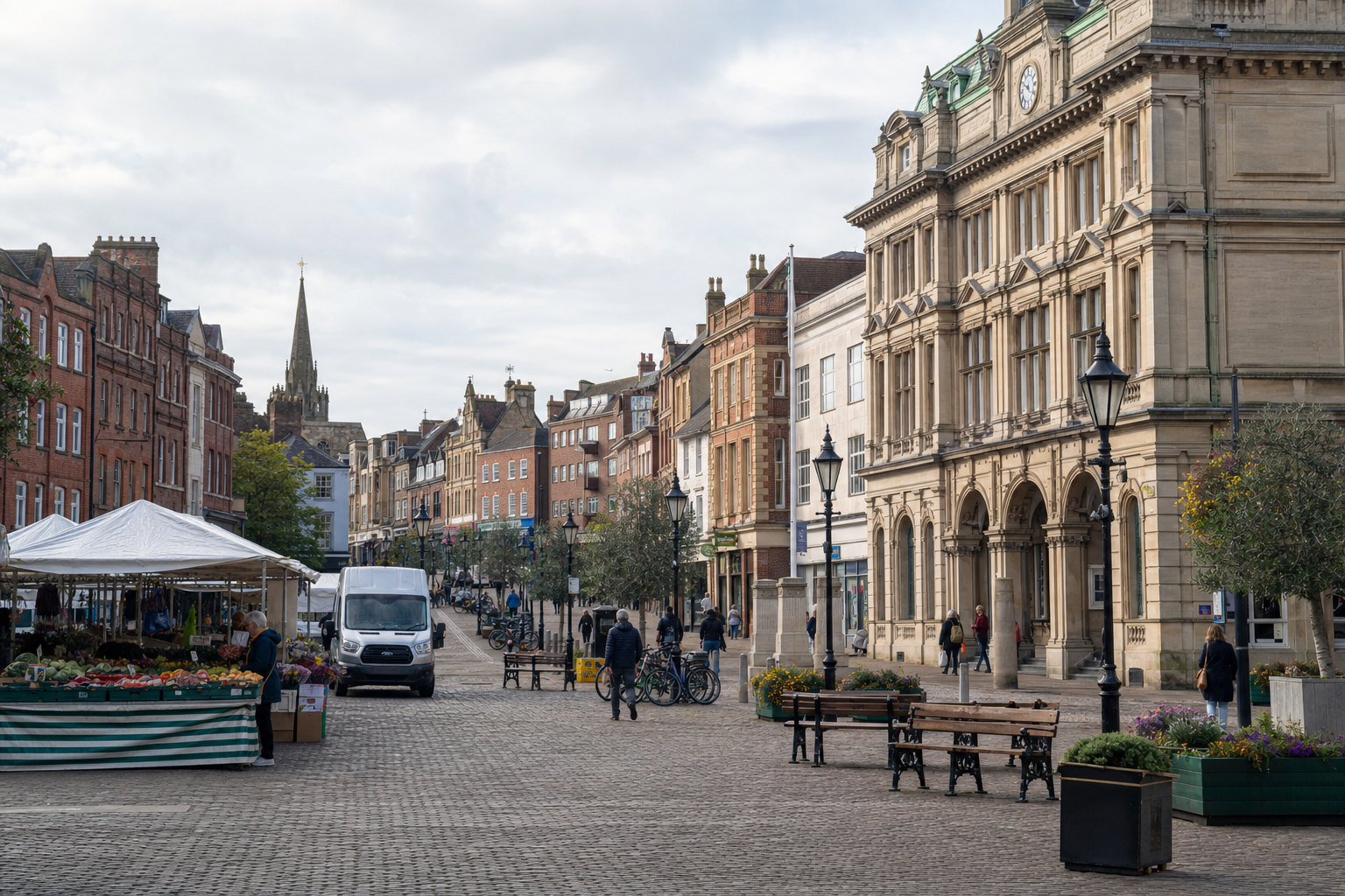 Historic town square with a market stall and Victorian architecture, people walking and shopping under a cloudy sky.