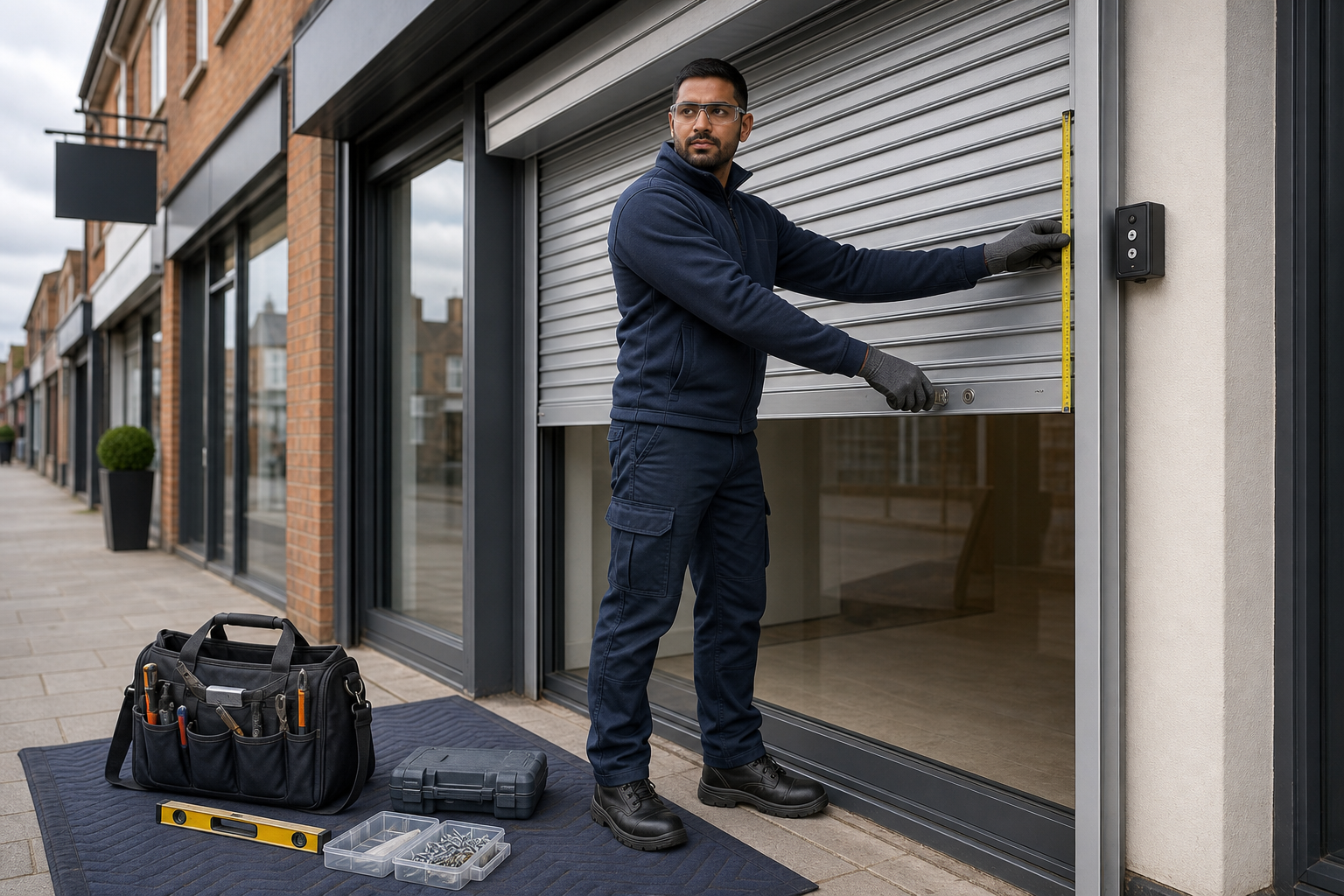 Man measuring a storefront shutter with a toolbox and tools on the ground.