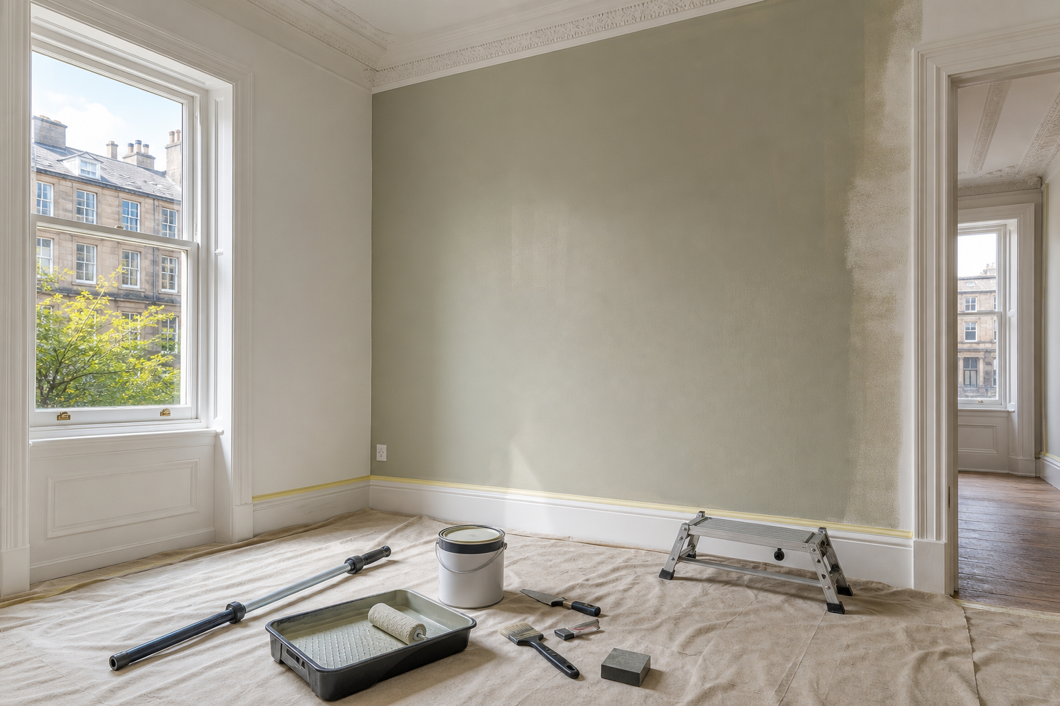 A partially painted room with painting tools and a step ladder on a drop cloth.