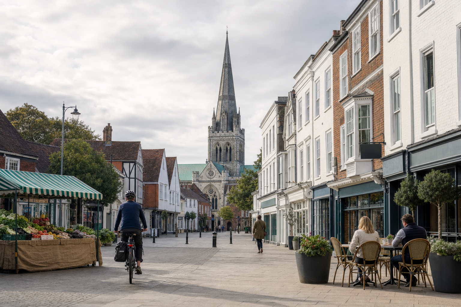 Cyclist rides down a quaint street with a cathedral spire in the background, while people dine at outdoor tables.