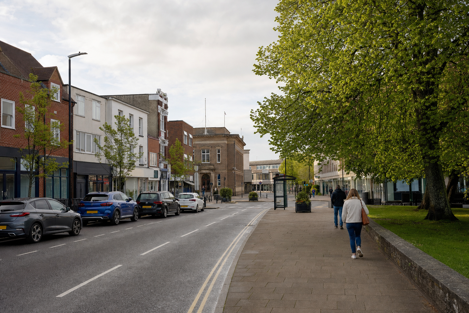 A quiet street lined with parked cars and trees, featuring pedestrians walking along a wide pavement under a cloudy sky.