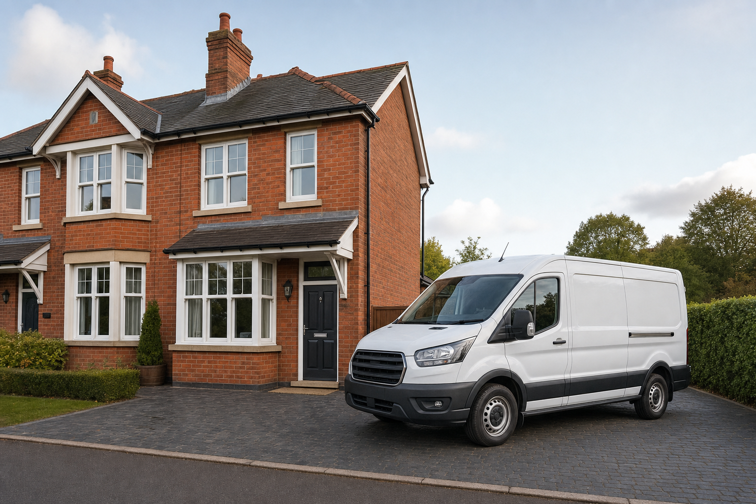 A white van parked on the driveway of a red-brick semi-detached house on a clear day.