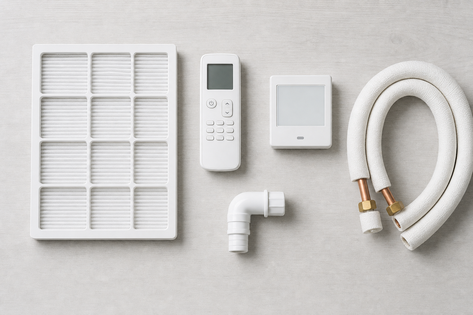 HVAC parts arranged on a light surface, including a filter, control panel, remote, pipe, and insulated hose.