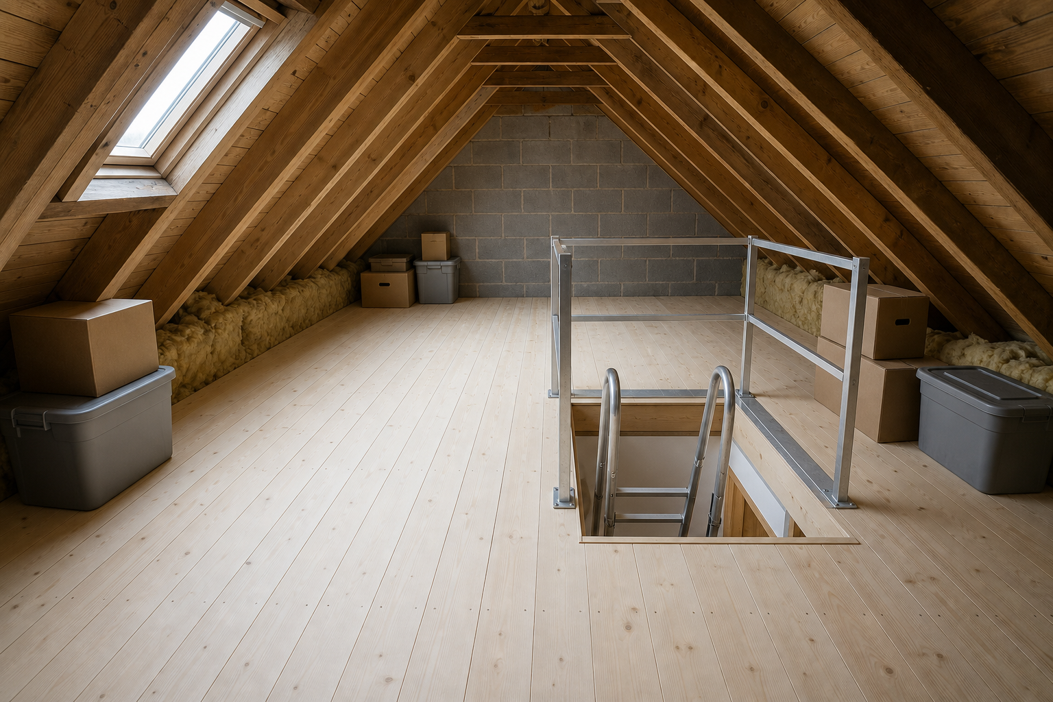 A tidy, well-lit attic with wooden beams, a loft ladder, and neatly stacked storage boxes.