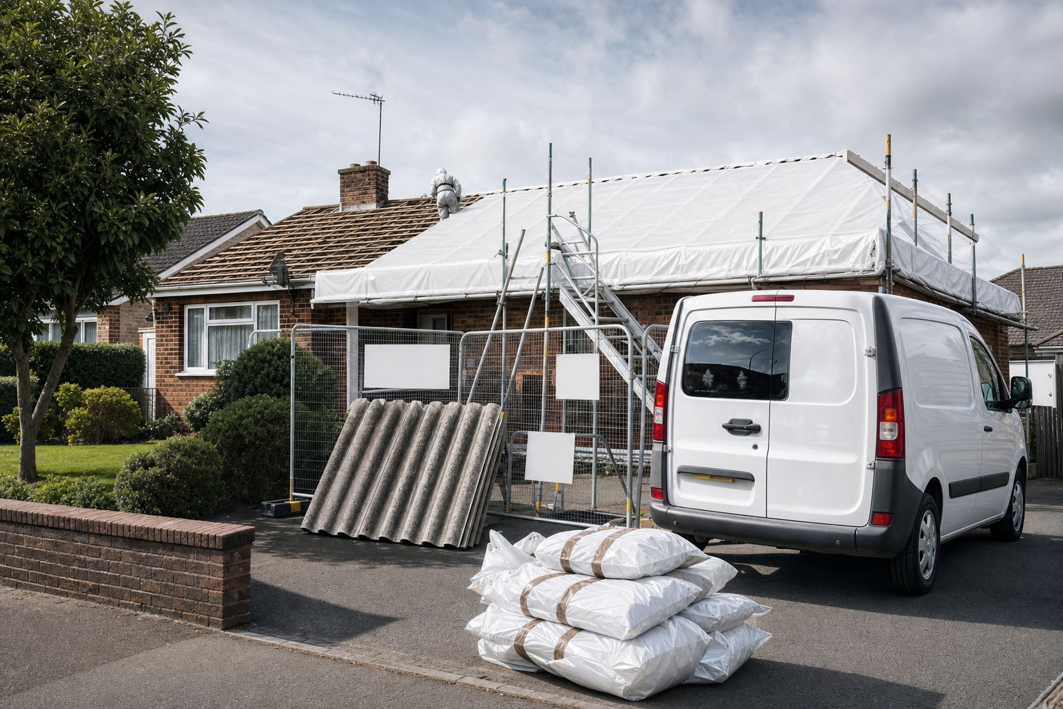 A house undergoing roof renovation with a white van parked outside and a worker on scaffolding.