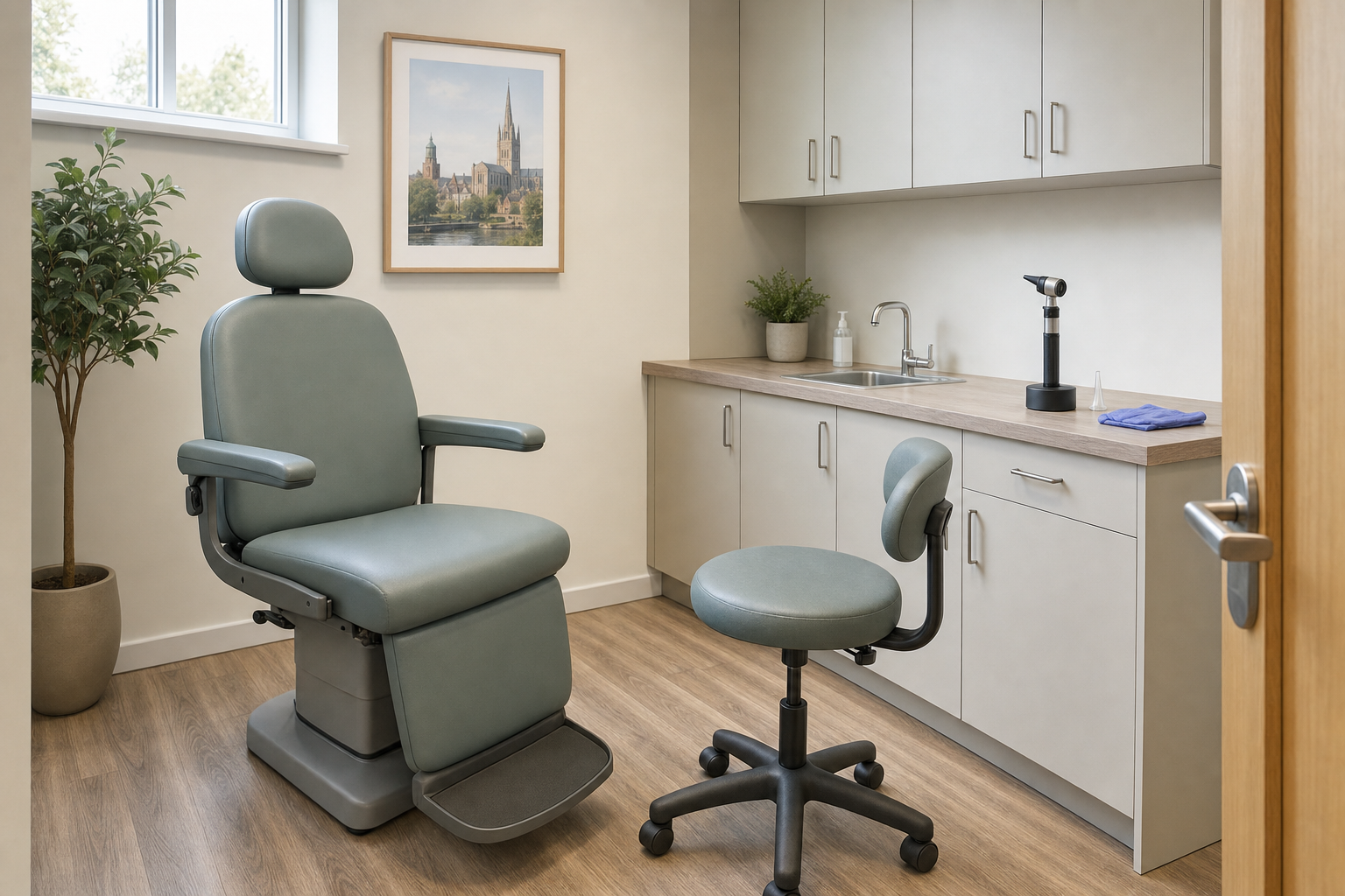 Medical examination room with a reclining chair, stool, and cabinets, featuring a framed cityscape painting on the wall.