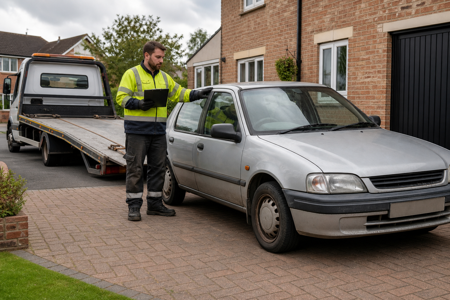 Tow truck driver preparing to tow a parked silver car from a driveway.