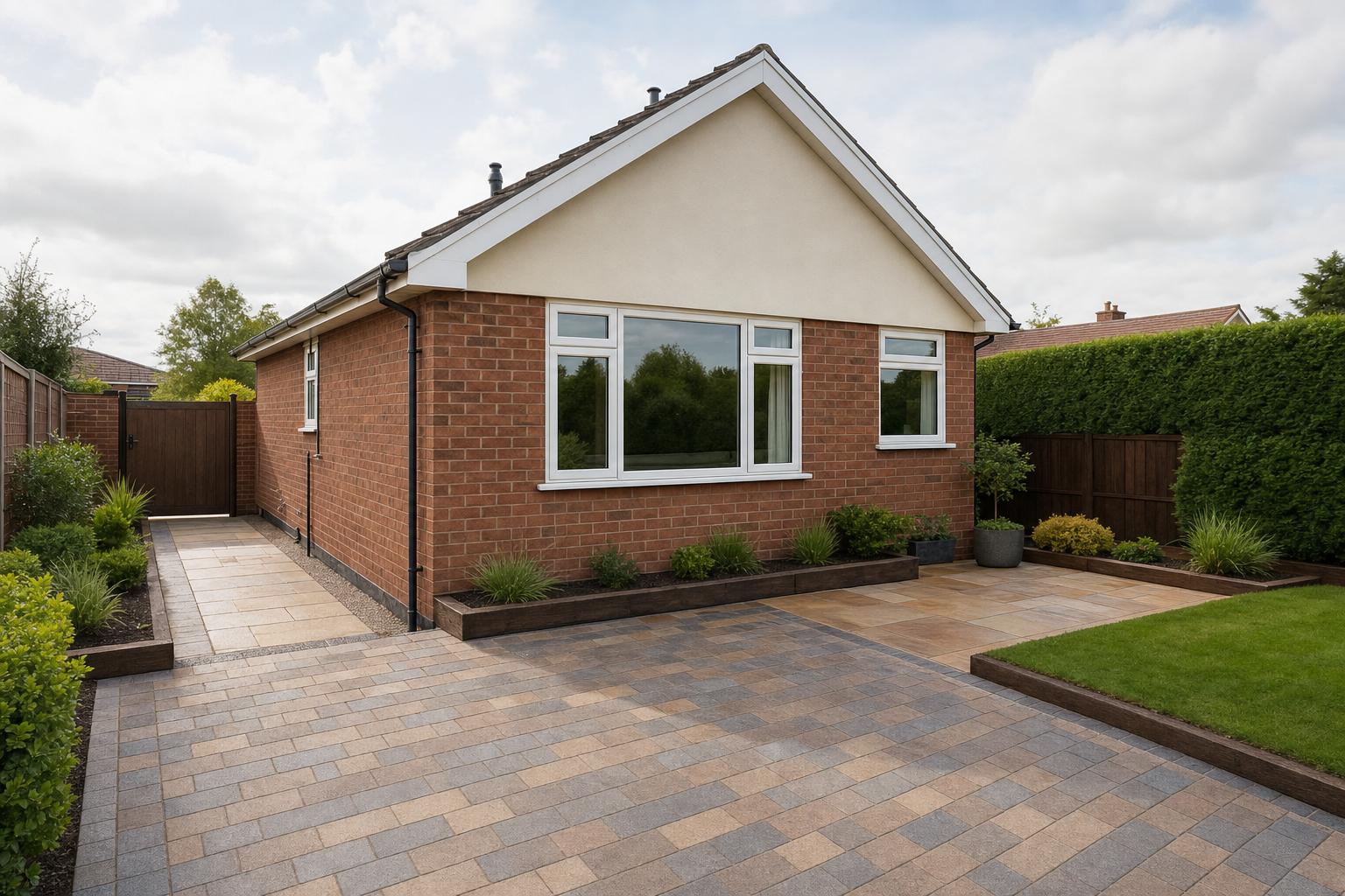 A red-brick bungalow with a neatly paved driveway and landscaped garden under a partly cloudy sky.