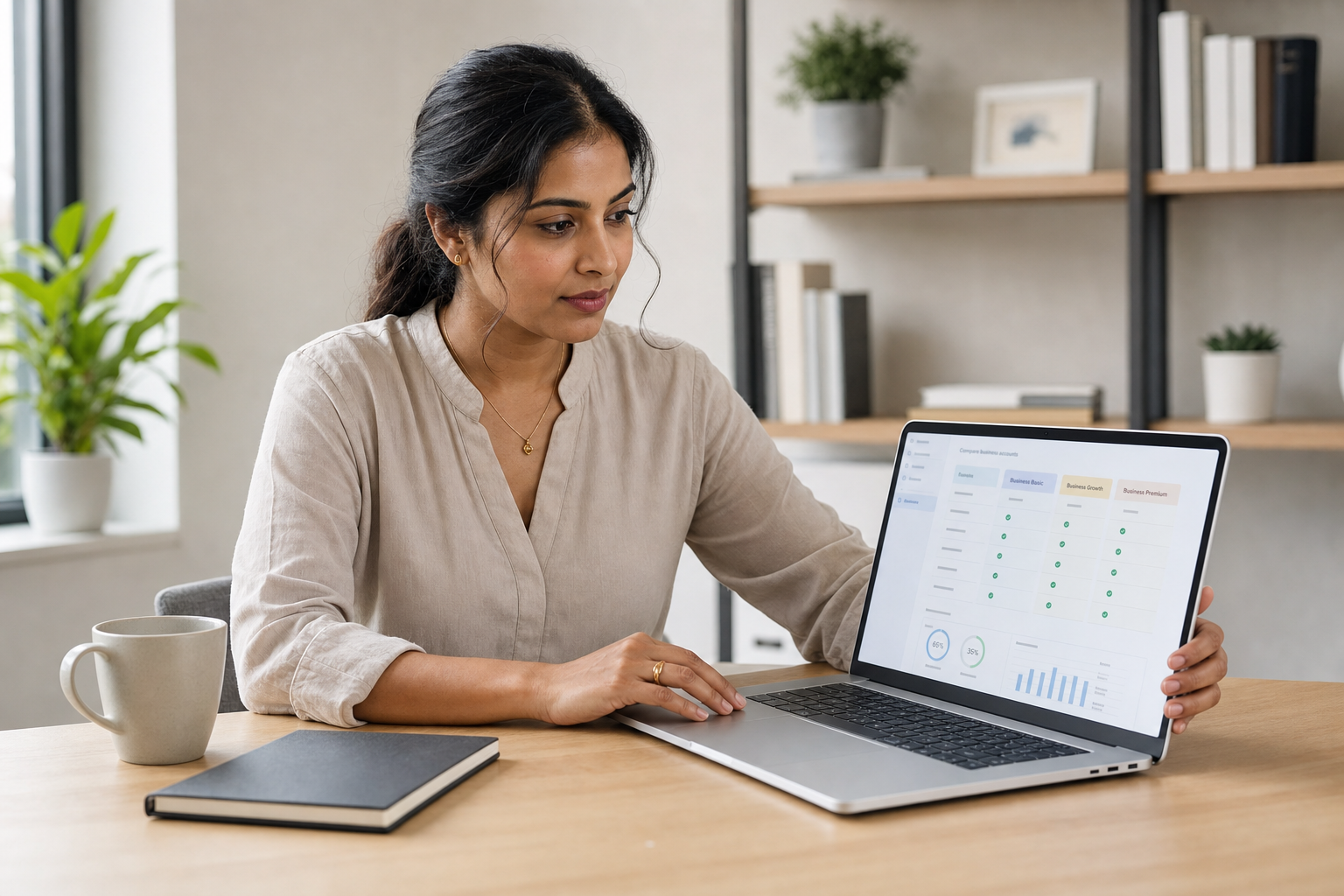 A woman in a beige blouse reviews data on a laptop at a wooden desk with a notebook and mug.