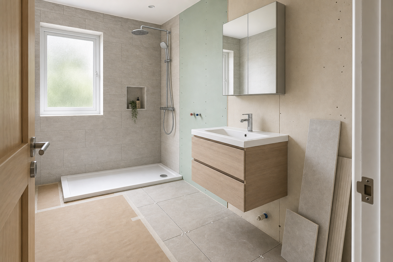 Modern bathroom under renovation with a wooden vanity, walk-in shower, and tiled walls.