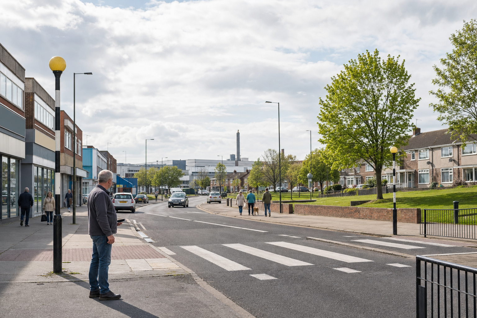 A man waits at a zebra crossing on a bright day in a suburban street lined with trees and parked cars.