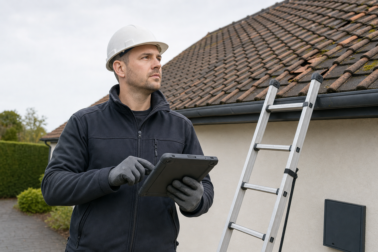 A construction worker in a hard hat inspects a roof with a tablet beside a ladder.