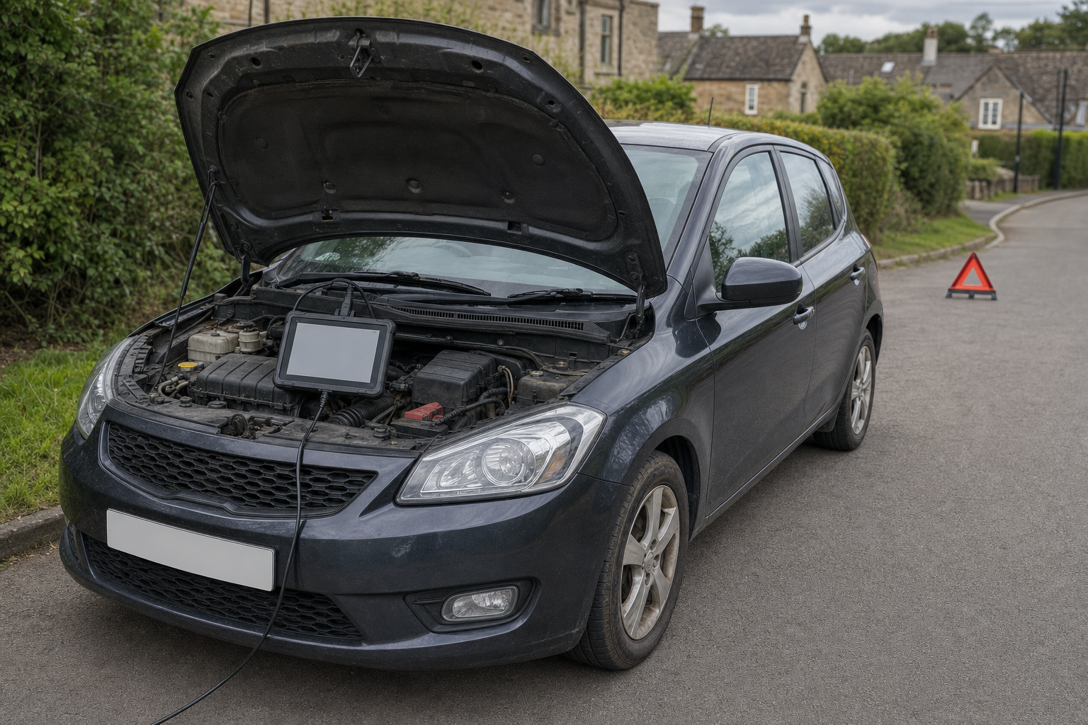 A car with its bonnet open is parked on a country road, with a warning triangle placed behind it.