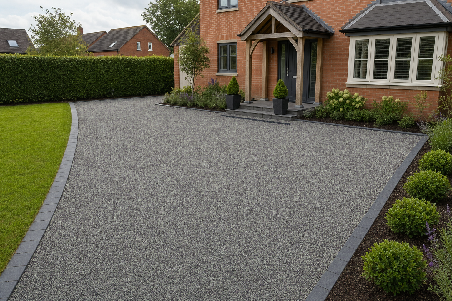 A large gravel driveway leads to a red brick house with a welcoming porch and neatly trimmed hedges.