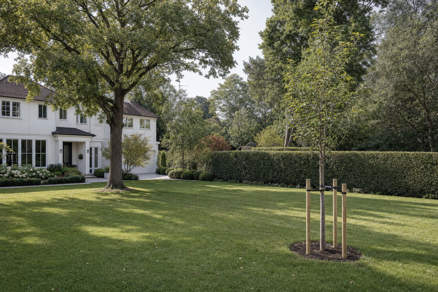 A large white house with a tidy garden and a newly planted tree on a sunny day.