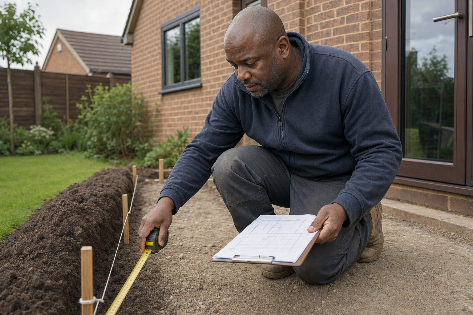 Man measuring ground with a tape measure and holding a clipboard next to a house and garden.