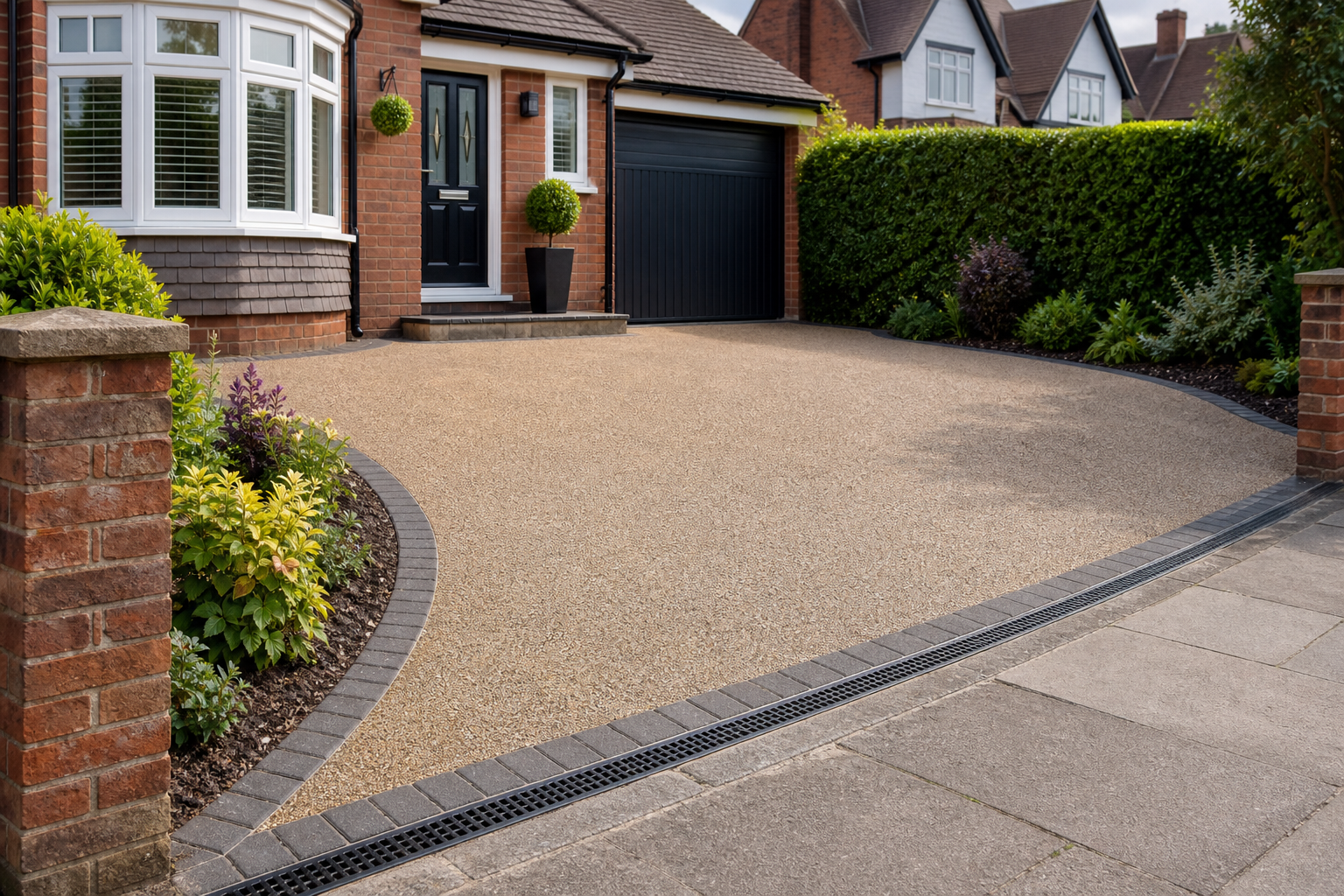 Modern house exterior with a curved gravel driveway and landscaped garden.