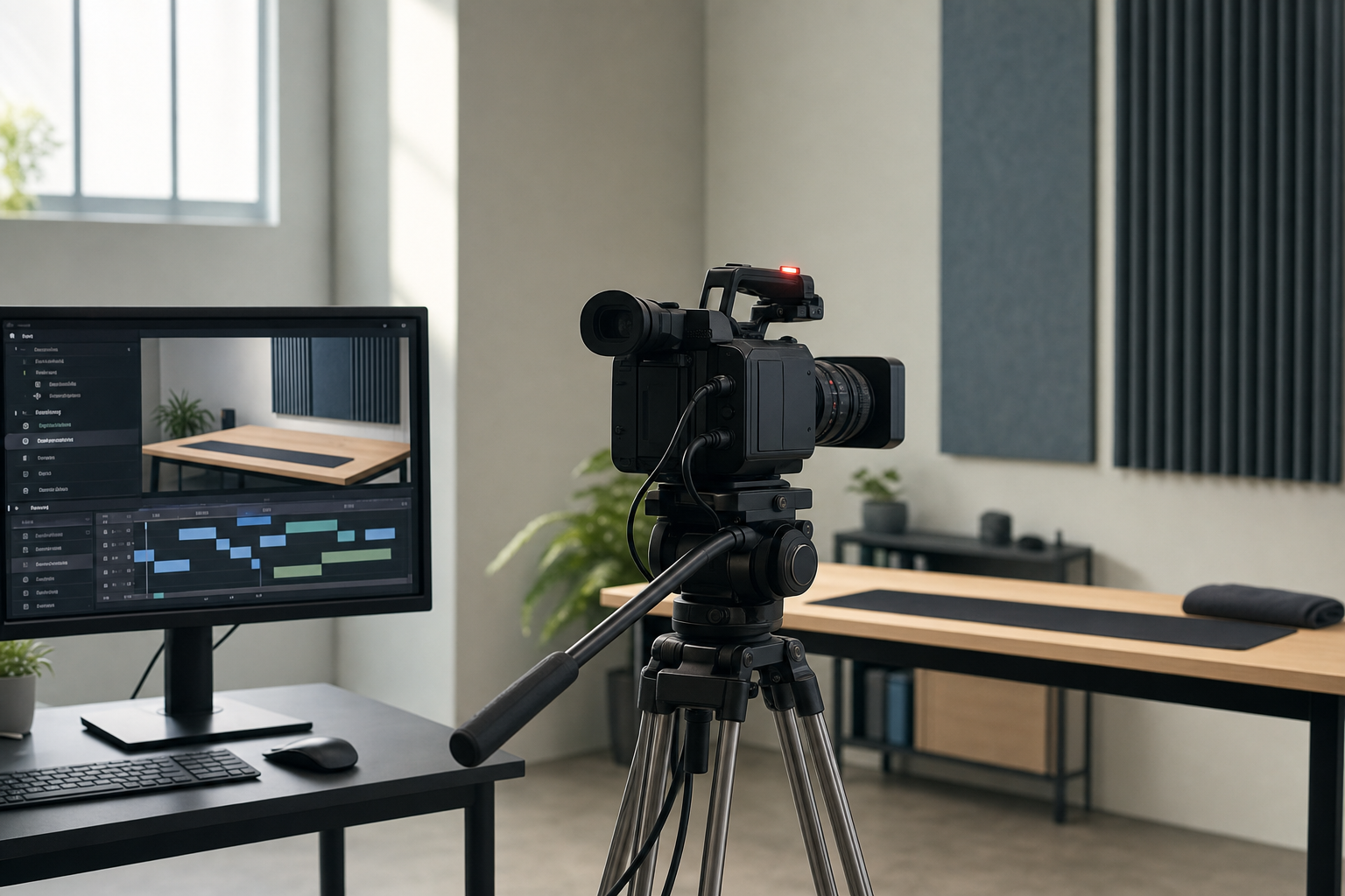 A video camera on a tripod records a modern studio space, with the live feed visible on a nearby computer monitor.