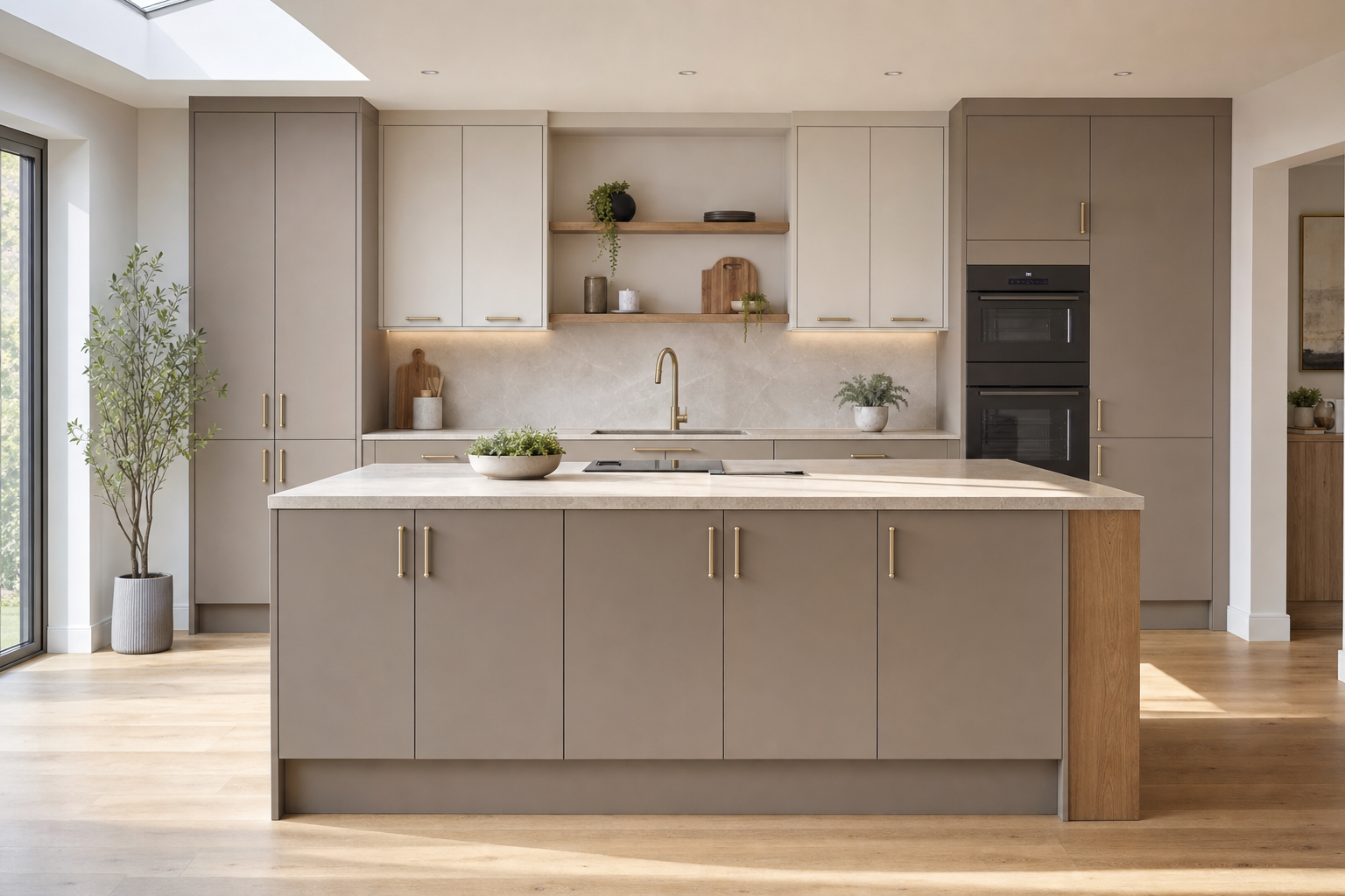 Modern kitchen with beige cabinetry, a central island, and natural light from large windows.