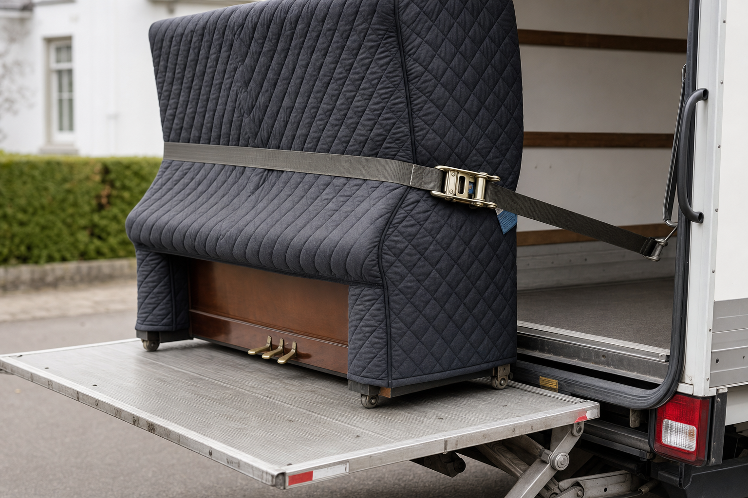 A padded upright piano secured on a moving truck's loading platform with straps.