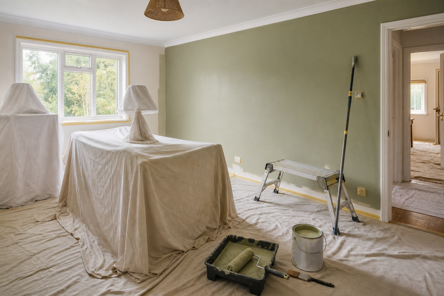 Room prepared for painting with furniture covered, a ladder, and painting supplies on the floor.