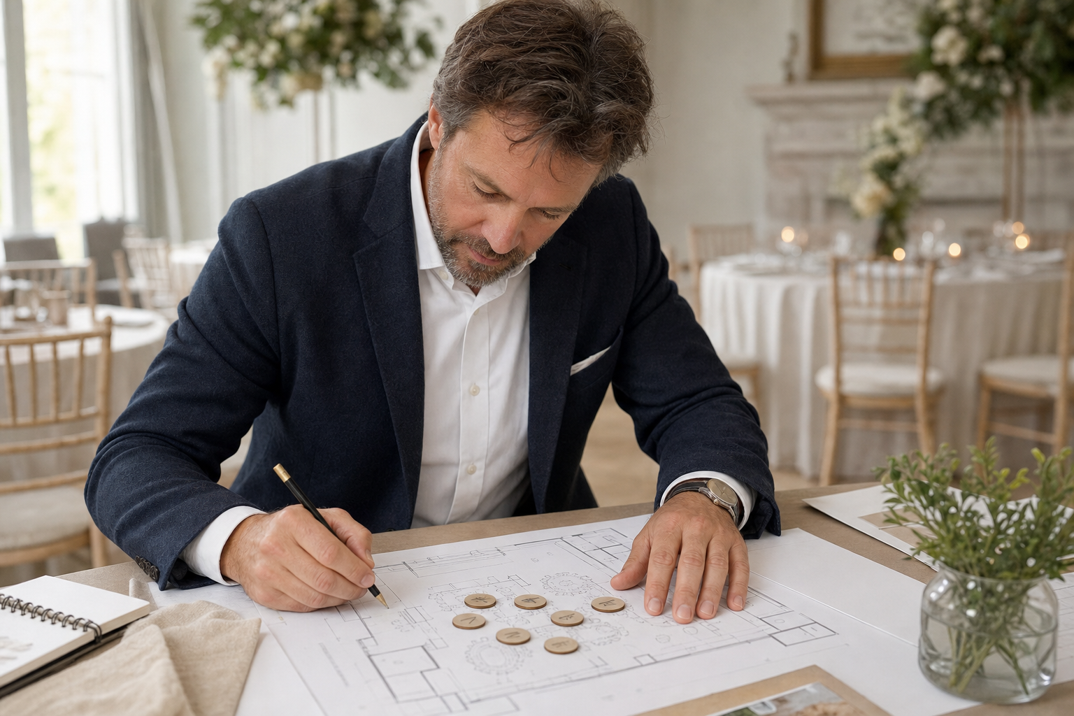 Man in a suit designs a seating plan at a decorated event venue.