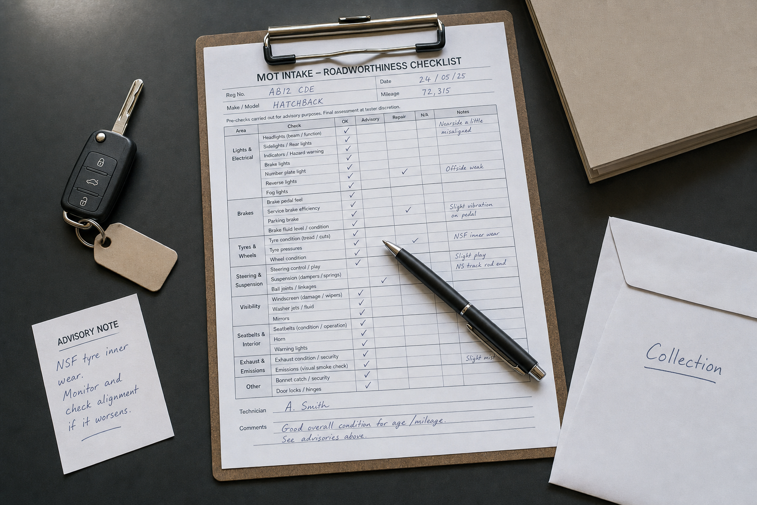 MOT checklist and car key on a table, with advisory note and envelope nearby.