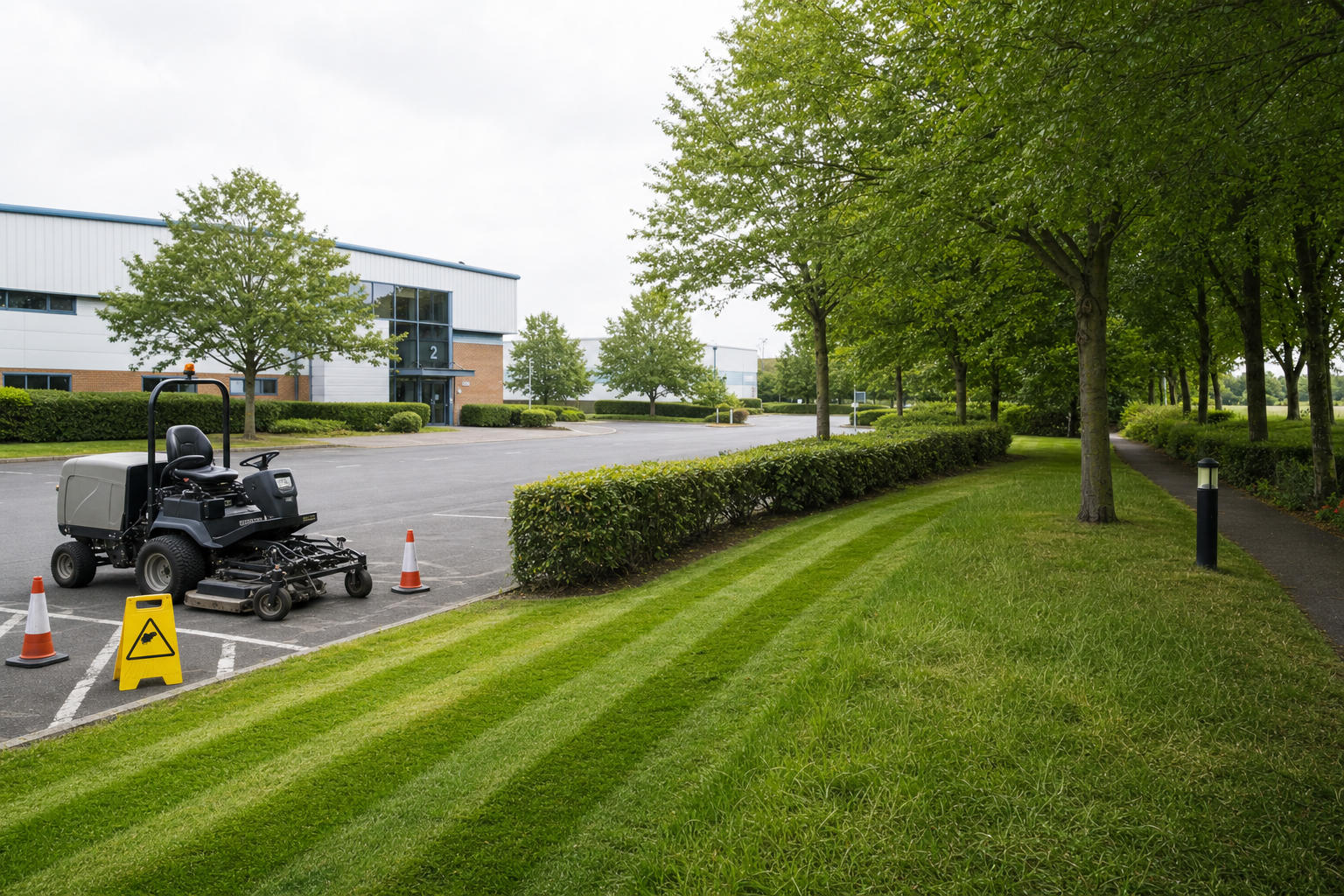A ride-on lawnmower with traffic cones and a caution sign is parked on a neatly striped grass area beside an office building.