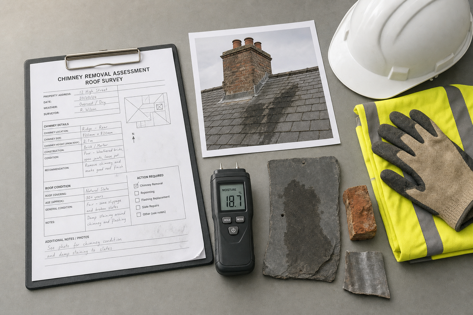 Chimney removal survey setup with clipboard, moisture meter, photo, hard hat, gloves, a slate, and high-visibility vest.