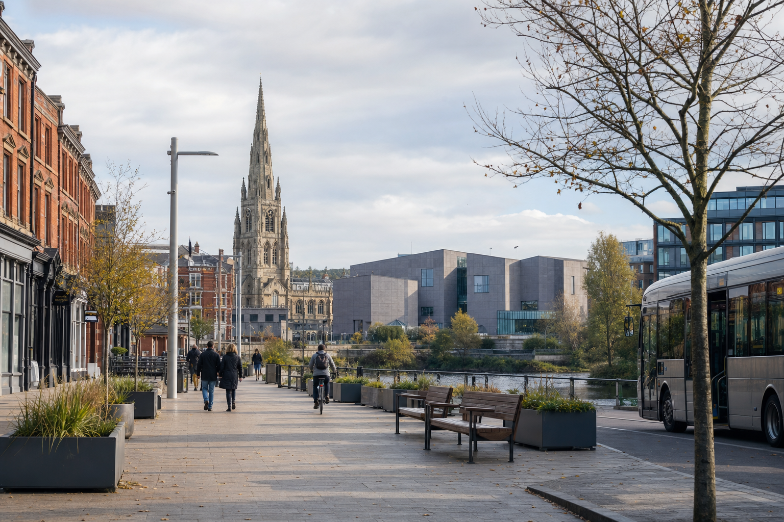 A riverside walkway features people walking and cycling, with a historic church and modern buildings in the background.