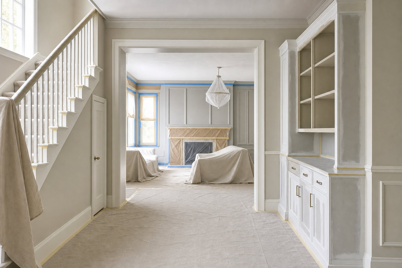Spacious room under renovation with furniture covered in sheets and staircase on the left.