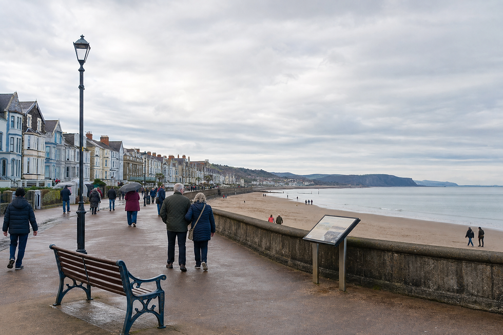 People walking along a seaside promenade lined with colourful buildings on a cloudy day.
