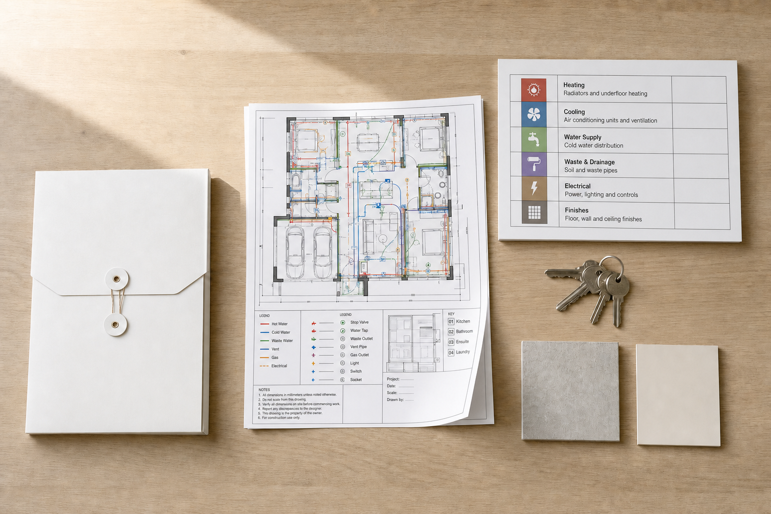 Architectural floor plan with legend, keys, tiles, and a sealed envelope on a wooden table.