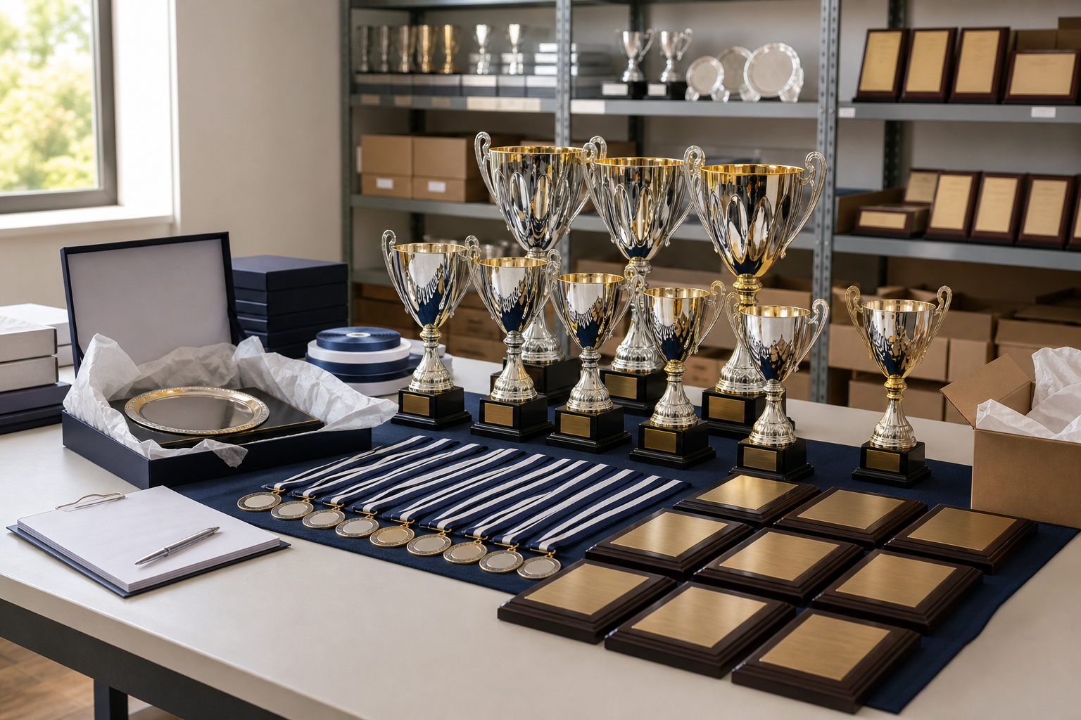 Trophies, medals, and plaques arranged on a table in a room with shelves holding more awards.