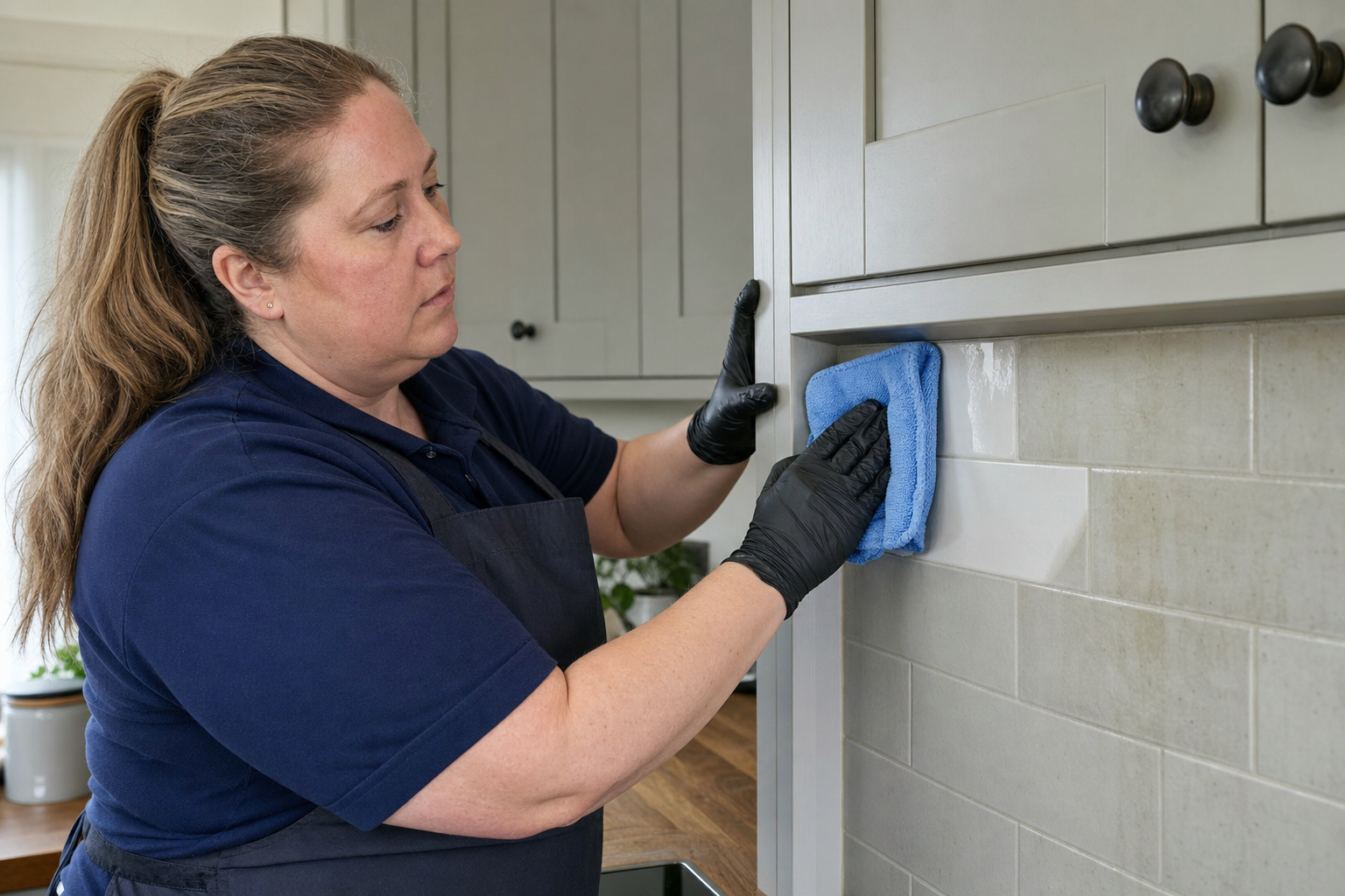 A woman wearing gloves uses a blue cloth to clean kitchen tiles.