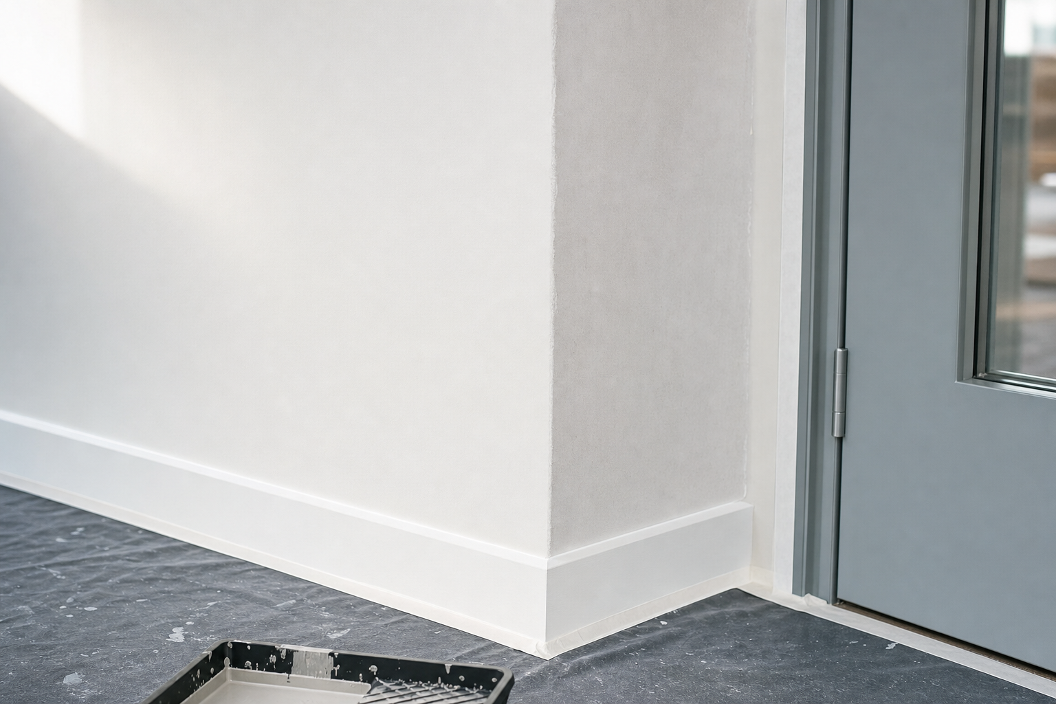 Freshly painted white wall and skirting board beside a closed grey door, with a paint tray on a protective sheet.