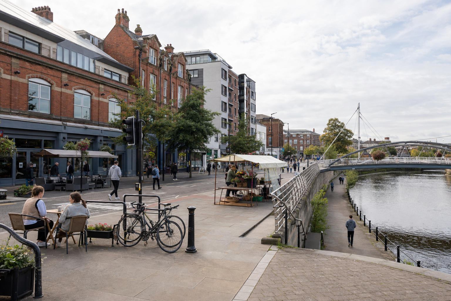 People walking and sitting near a riverside street with cafes, a market stall, and a pedestrian bridge.
