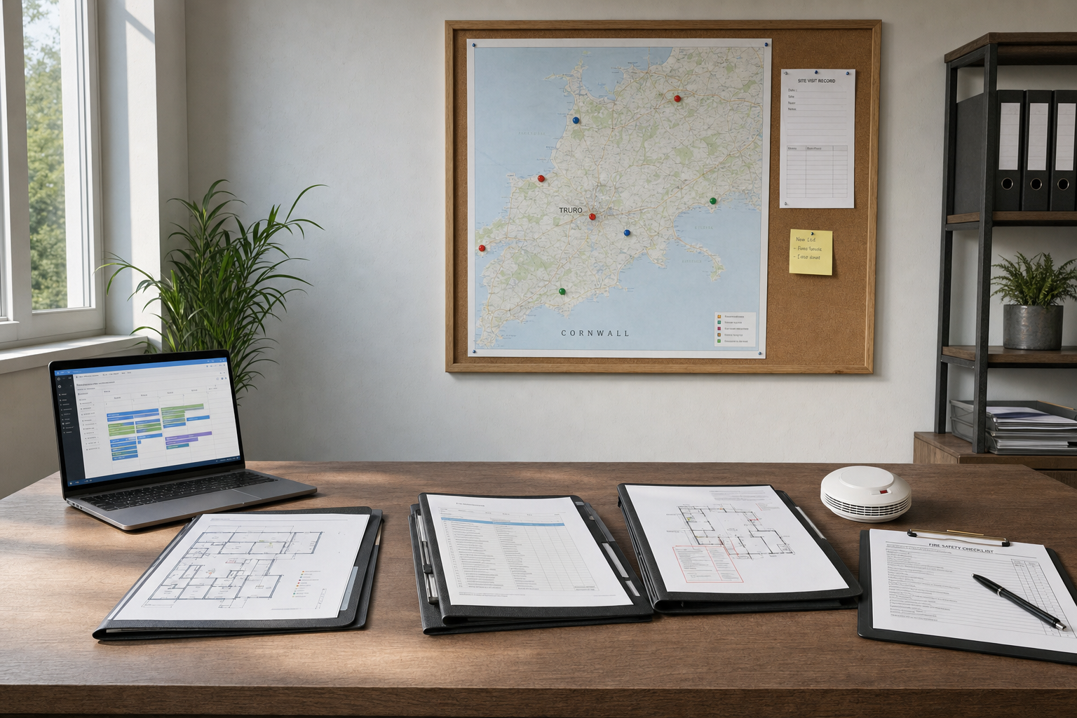 Office workspace with architectural plans, a laptop, a smoke detector, and a map of Cornwall on the wall.