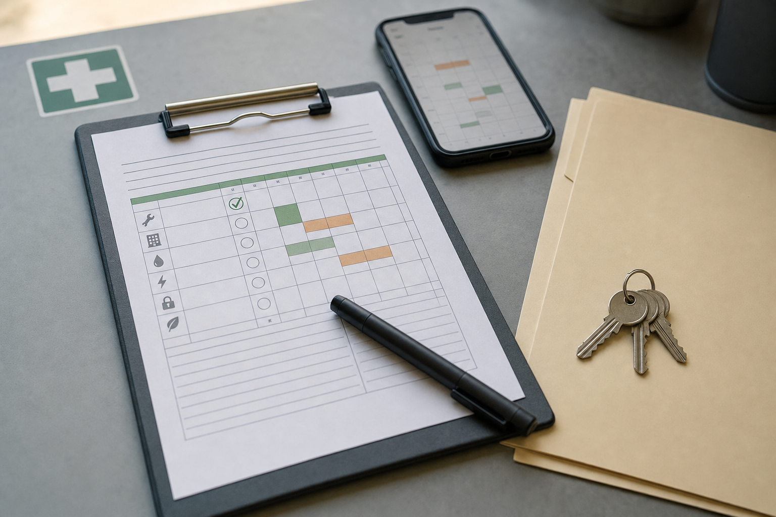 A clipboard with a schedule, smartphone, pen, folders, and keys on a desk.