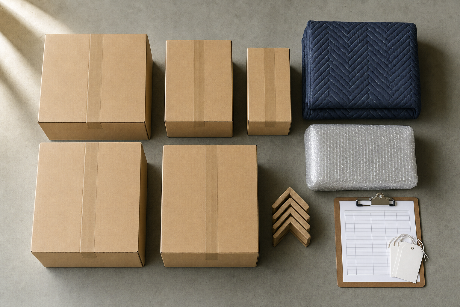 Cardboard boxes, packing materials, and a clipboard with labels arranged neatly on a grey surface.