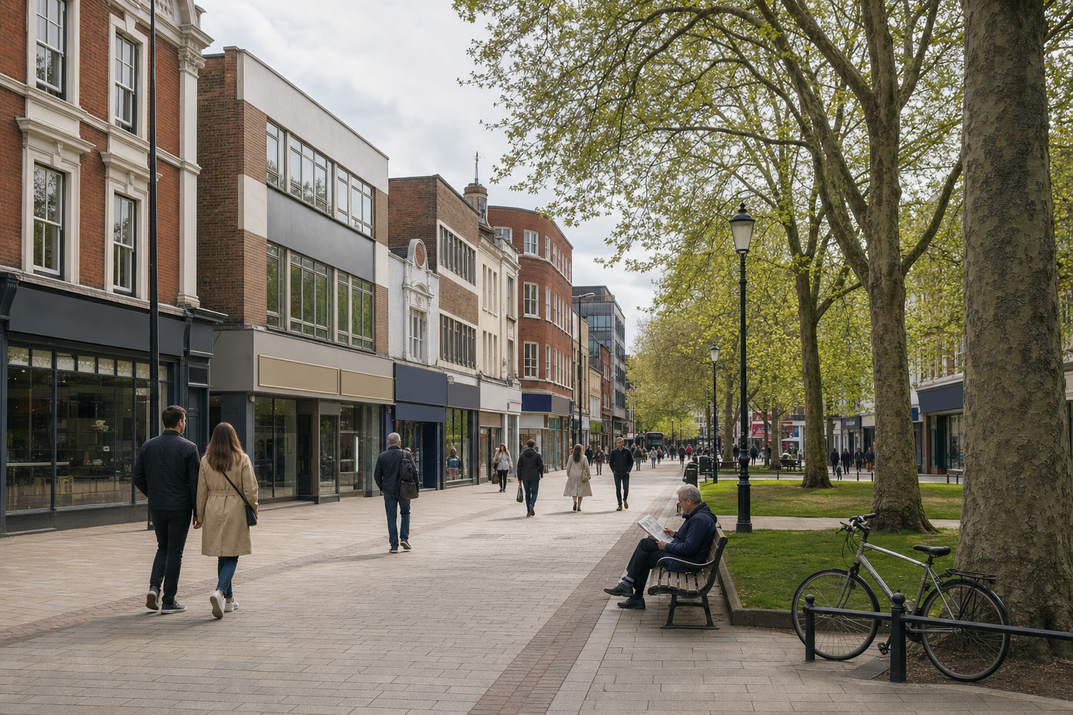 People strolling on a pedestrian street lined with shops and trees, while a man reads a newspaper on a bench.