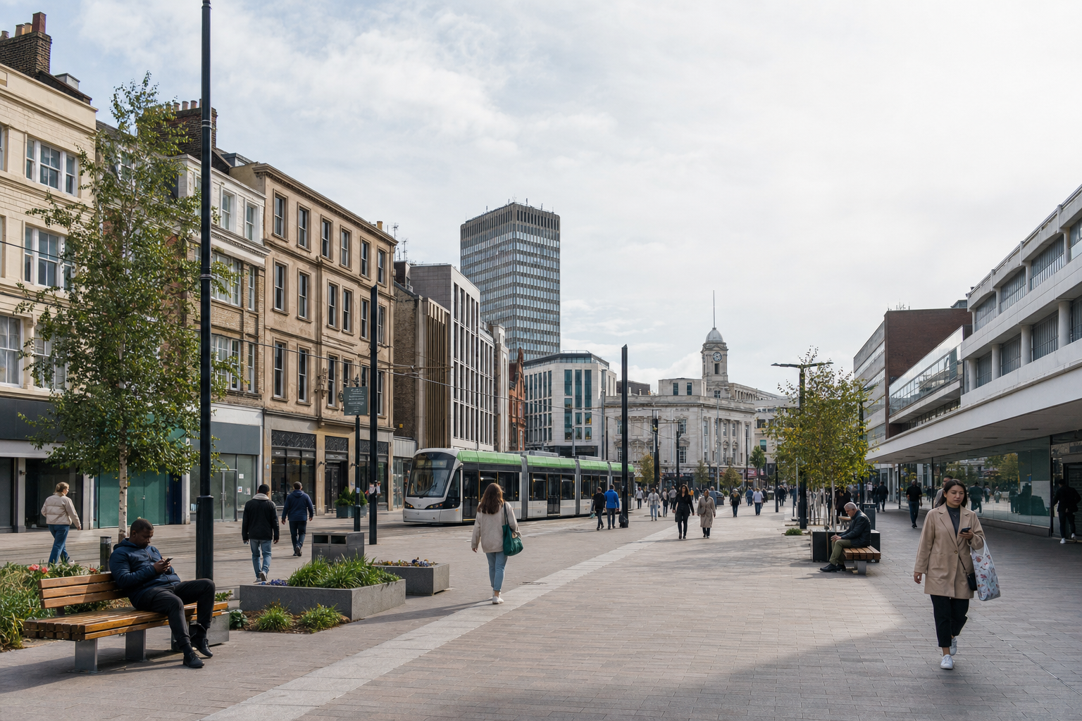 A tram travels along a busy pedestrianised shopping street lined with trees and benches on a cloudy day.