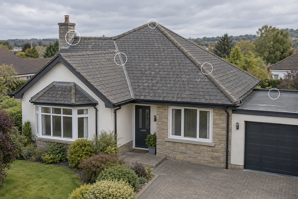 A single-storey detached house with a tiled roof and circles highlighting various roof features.