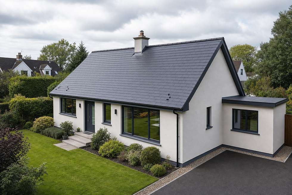 A modern single-storey house with a dark slate roof, surrounded by a neatly landscaped garden and driveway.