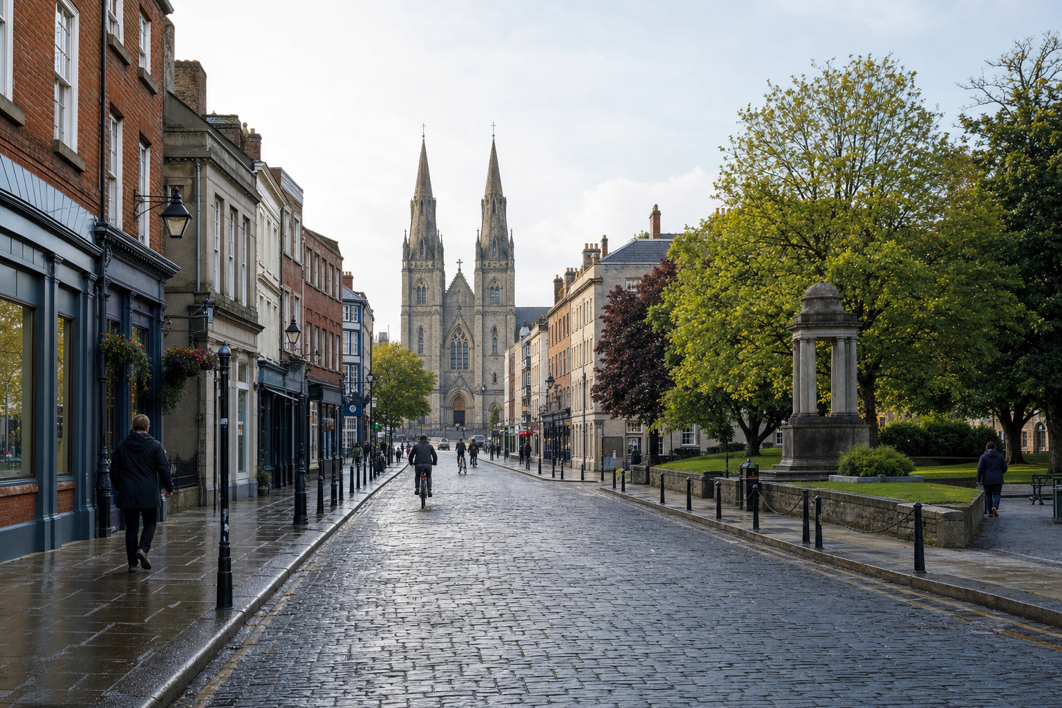A cobbled street leads to a grand cathedral, flanked by historic buildings and a verdant park.